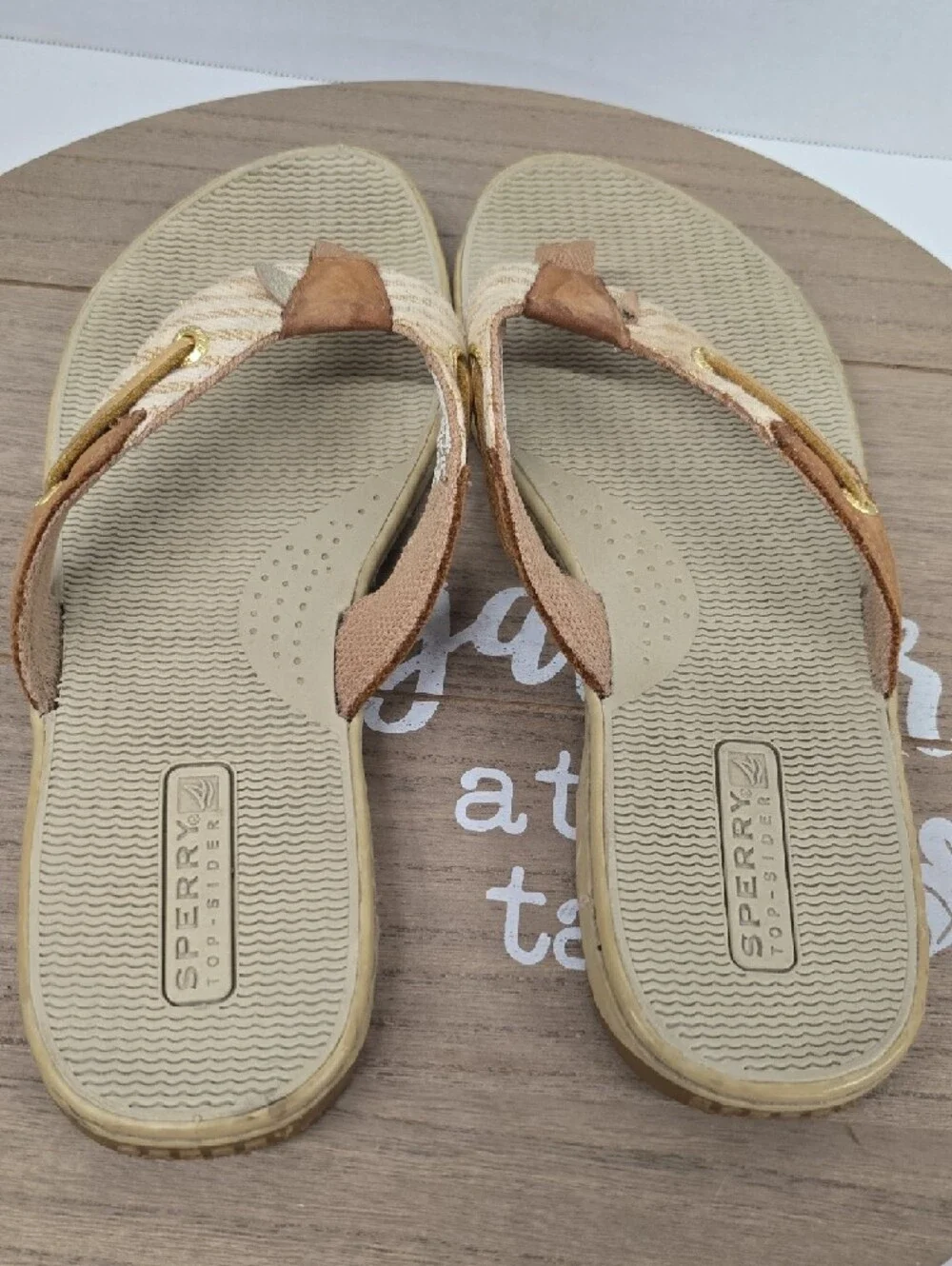 Sperry Tan Cream & Gold Braided Thong Sandals Womens Size 9.5 - Picture 13 of 16